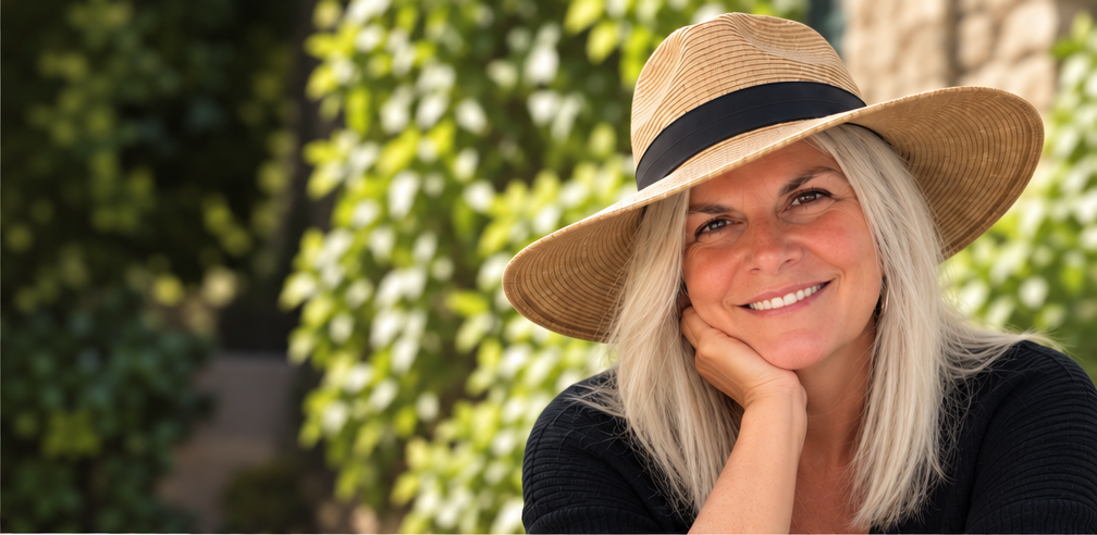 Michelle King smiling beneath a wide-brim straw hat in a leafy outdoor setting
