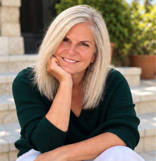 Michelle King seated outdoors in a deep green top and white pants, smiling with her chin resting on her hand