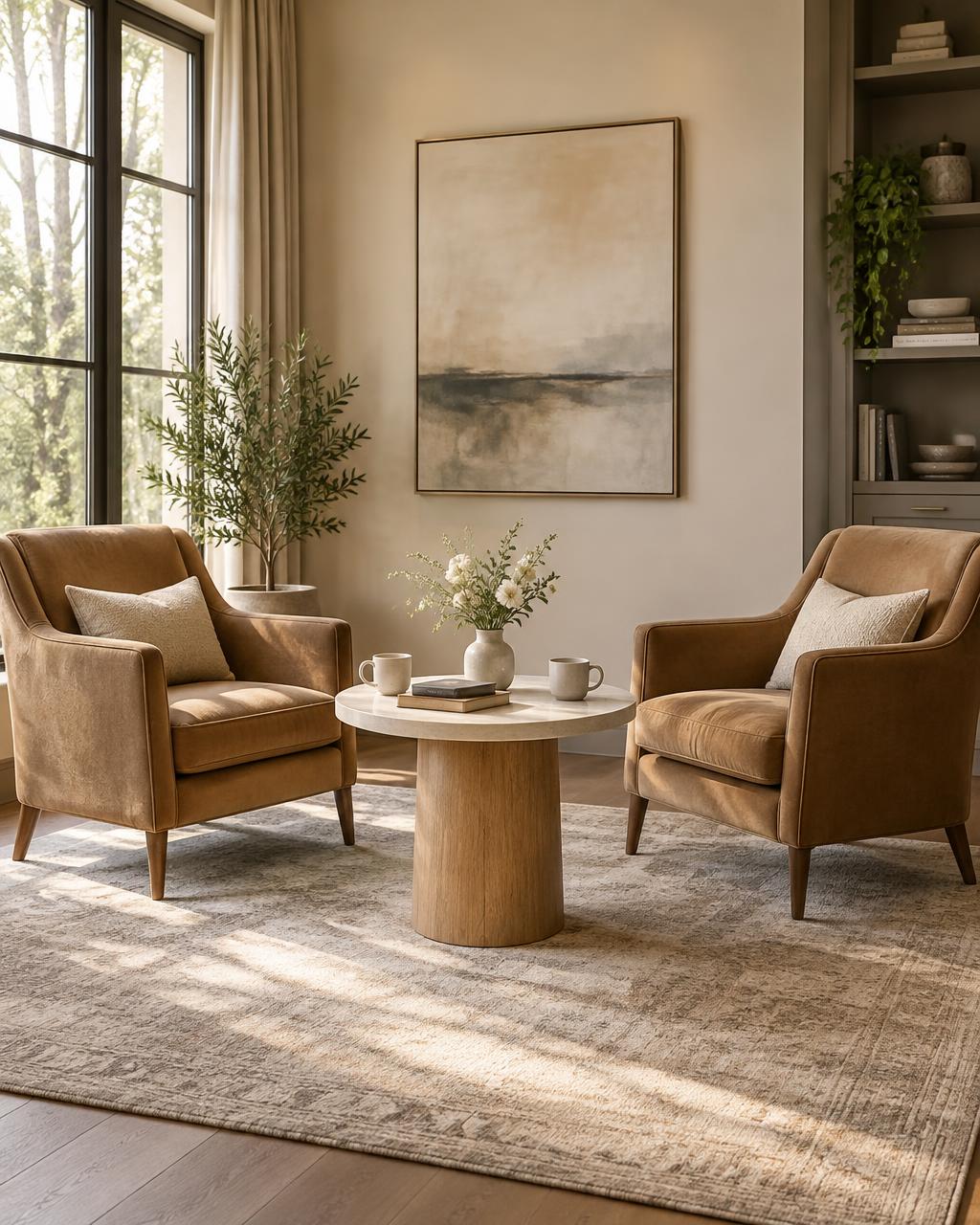Two caramel upholstered chairs facing a pale round table with flowers, journals, and coffee in a sunlit coaching setting