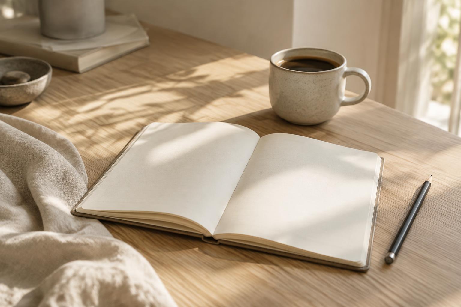 An open notebook, pencil, and ceramic coffee cup on a naturally sunlit oak desk