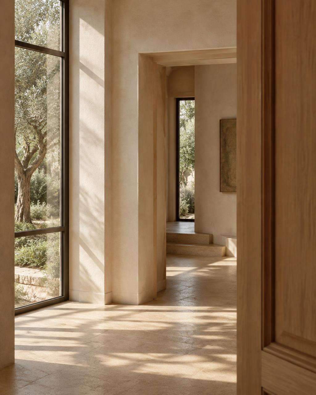 Daylight through tall windows and layered oak doorways in a quiet, warm architectural interior